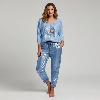 Stylish Set of Top with Gold Foil "Devil's Eye" and Sequin Trousers - Sleek Stylish Trousers