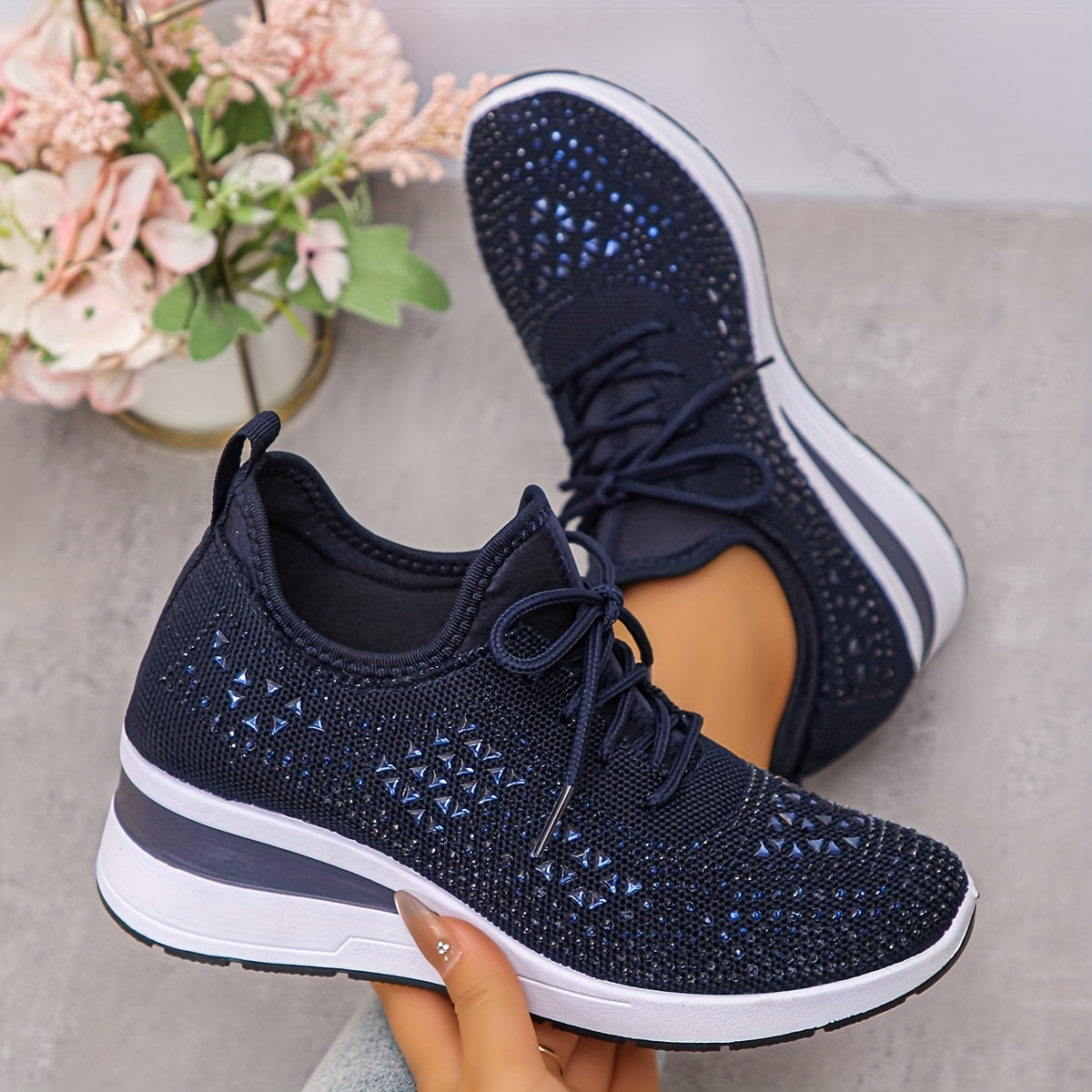 Women's Casual Breathable Sneakers Adorned with Crystals - Fashionable