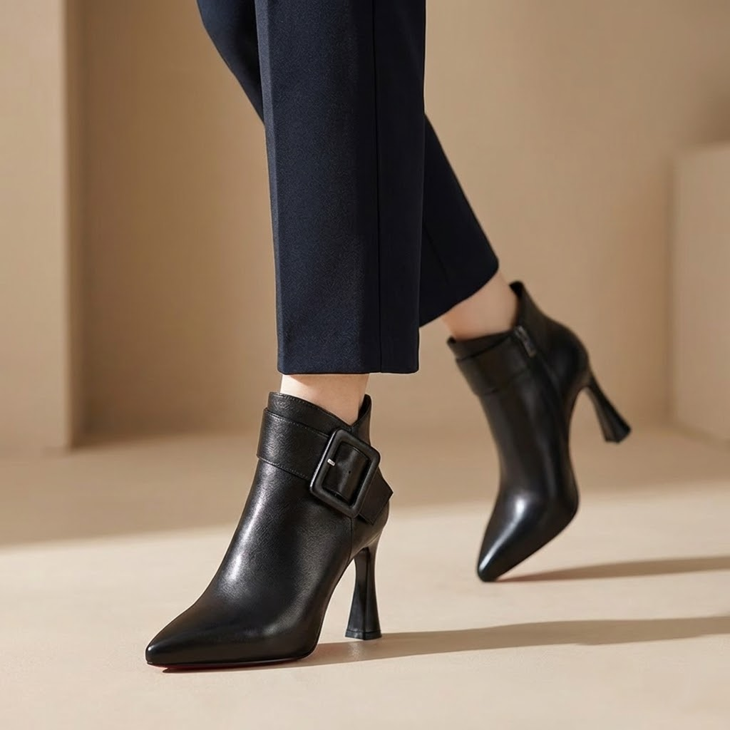 Signature Heeled Ankle Boots with Oversized Buckle - Elegant Comfort Ankle Boots