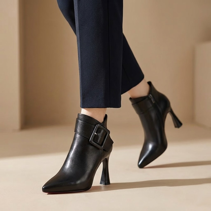 Signature Heeled Ankle Boots with Oversized Buckle - Elegant Comfort Ankle Boots