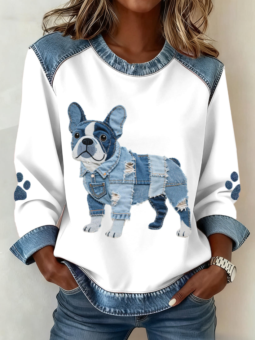 Women's Denim Sweatshirt - Stylish Dog Print and Patchwork