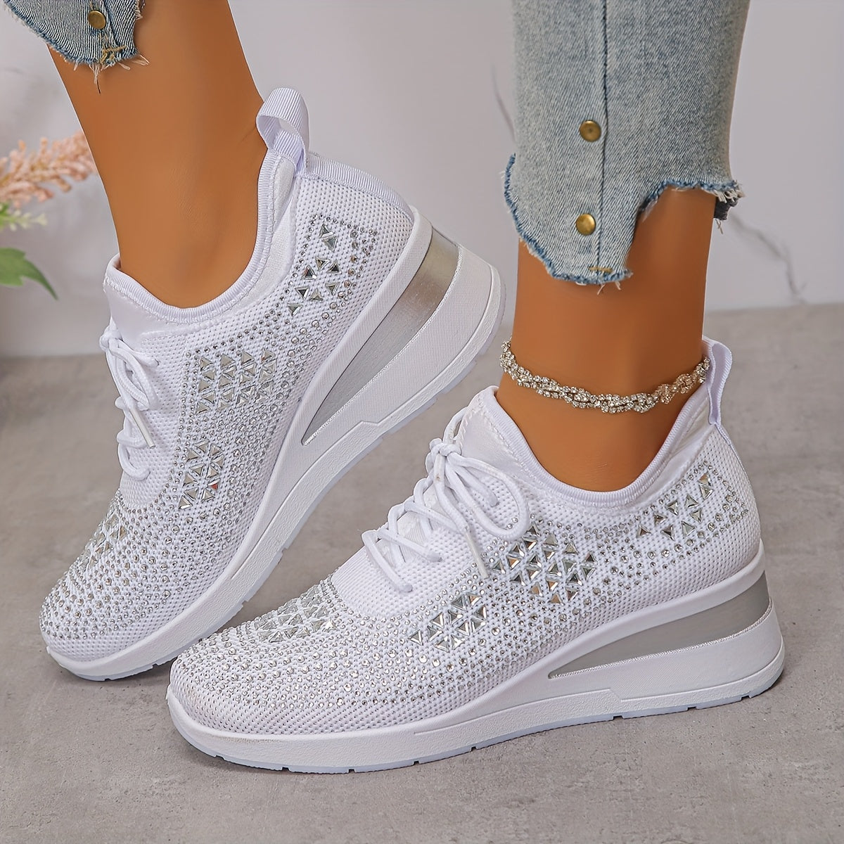 Women's Casual Breathable Sneakers Adorned with Crystals - Fashionable
