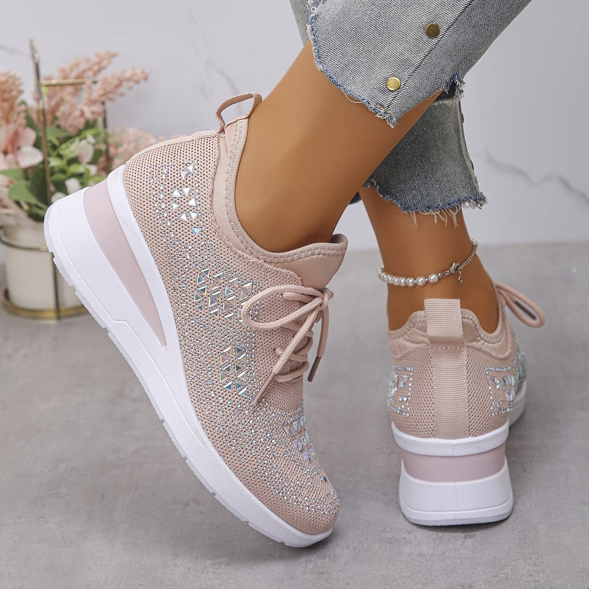 Women's Casual Breathable Sneakers Adorned with Crystals - Fashionable