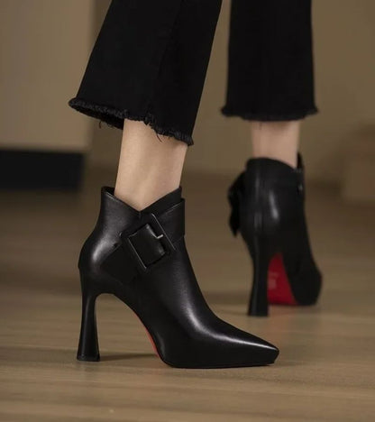 Signature Heeled Ankle Boots with Oversized Buckle - Elegant Comfort Ankle Boots