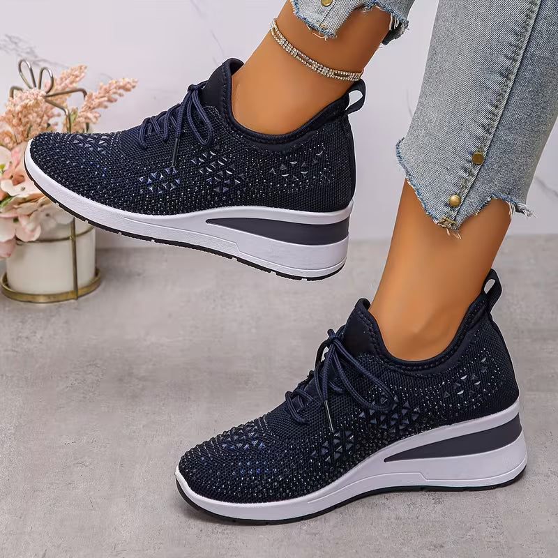 Women's Casual Breathable Sneakers Adorned with Crystals - Fashionable