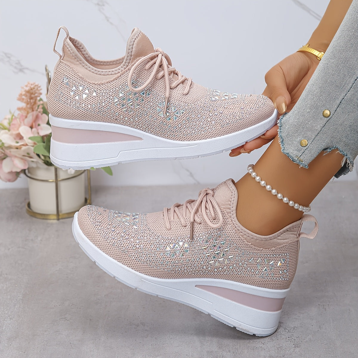 Women's Casual Breathable Sneakers Adorned with Crystals - Fashionable