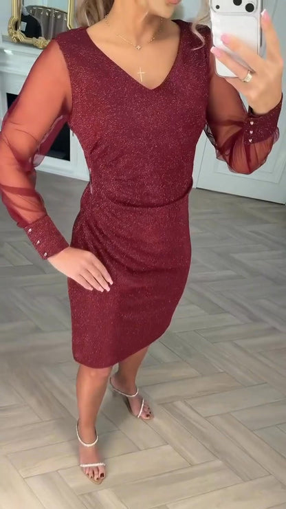 Shiny - Stylish V-neckline Patchwork Dress