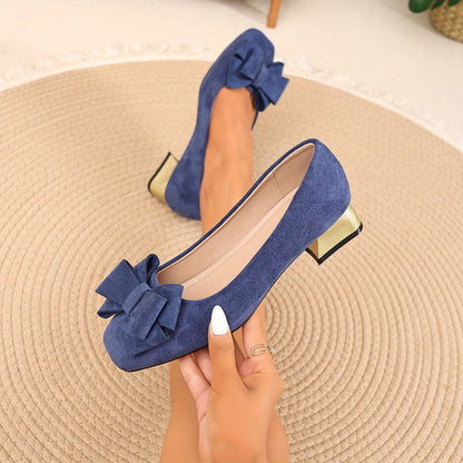 Bow Elegant Chunky Heel Square-Toe High Heels, Women Shoes
