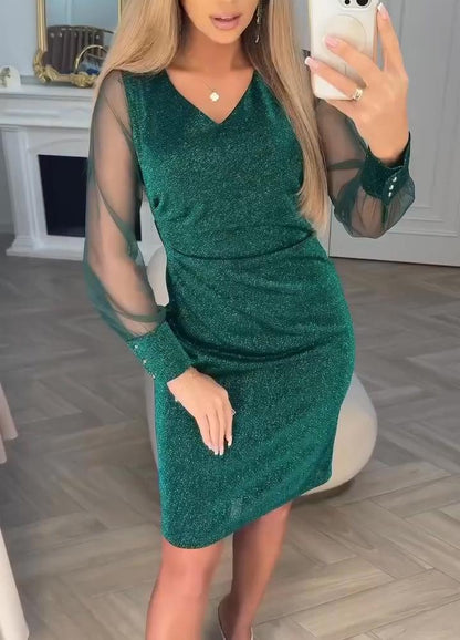 Shiny - Stylish V-neckline Patchwork Dress