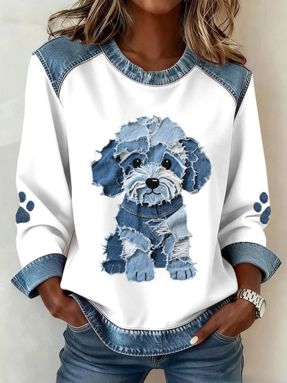 Women's Denim Sweatshirt - Stylish Dog Print and Patchwork