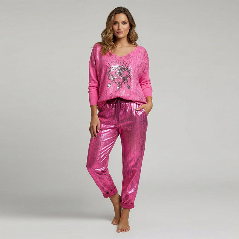 Stylish Set of Top with Gold Foil "Devil's Eye" and Sequin Trousers - Sleek Stylish Trousers