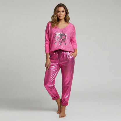 Stylish Set of Top with Gold Foil "Devil's Eye" and Sequin Trousers - Sleek Stylish Trousers