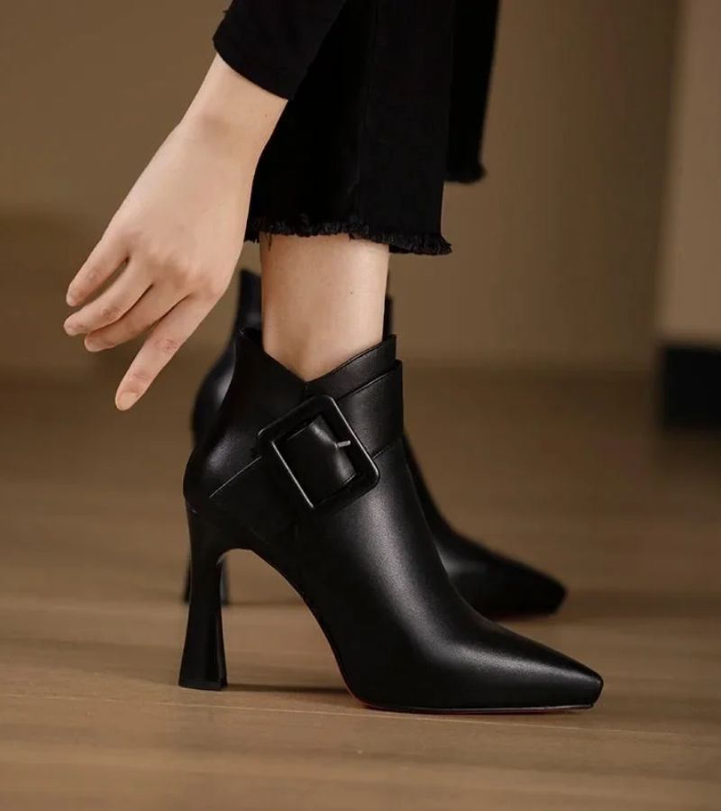 Signature Heeled Ankle Boots with Oversized Buckle - Elegant Comfort Ankle Boots
