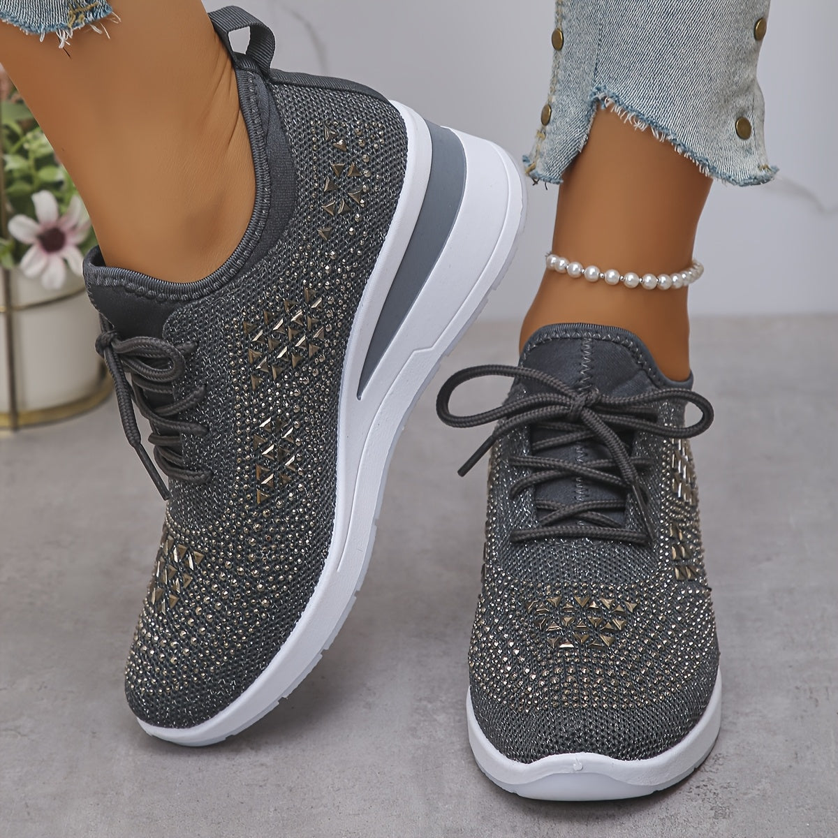 Women's Casual Breathable Sneakers Adorned with Crystals - Fashionable