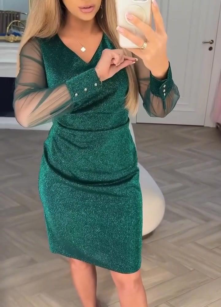 Shiny - Stylish V-neckline Patchwork Dress