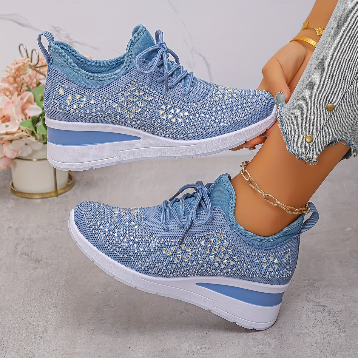 Women's Casual Breathable Sneakers Adorned with Crystals - Fashionable