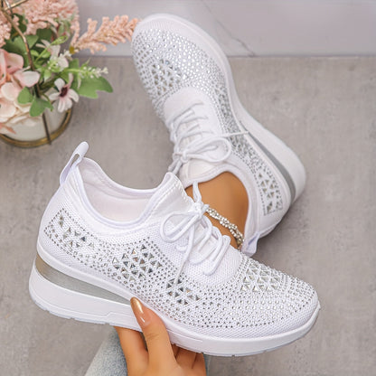 Women's Casual Breathable Sneakers Adorned with Crystals - Fashionable