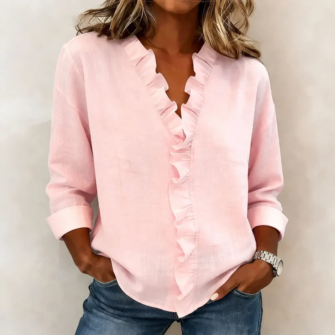 Florène - Ruffled V-Neck Blouse with Long Sleeves