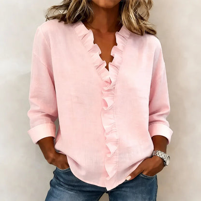 Florène - Ruffled V-Neck Blouse with Long Sleeves
