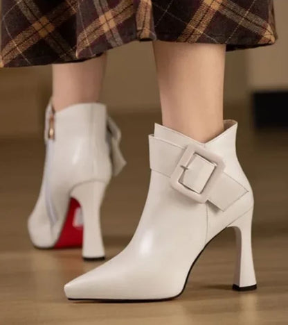 Signature Heeled Ankle Boots with Oversized Buckle - Elegant Comfort Ankle Boots