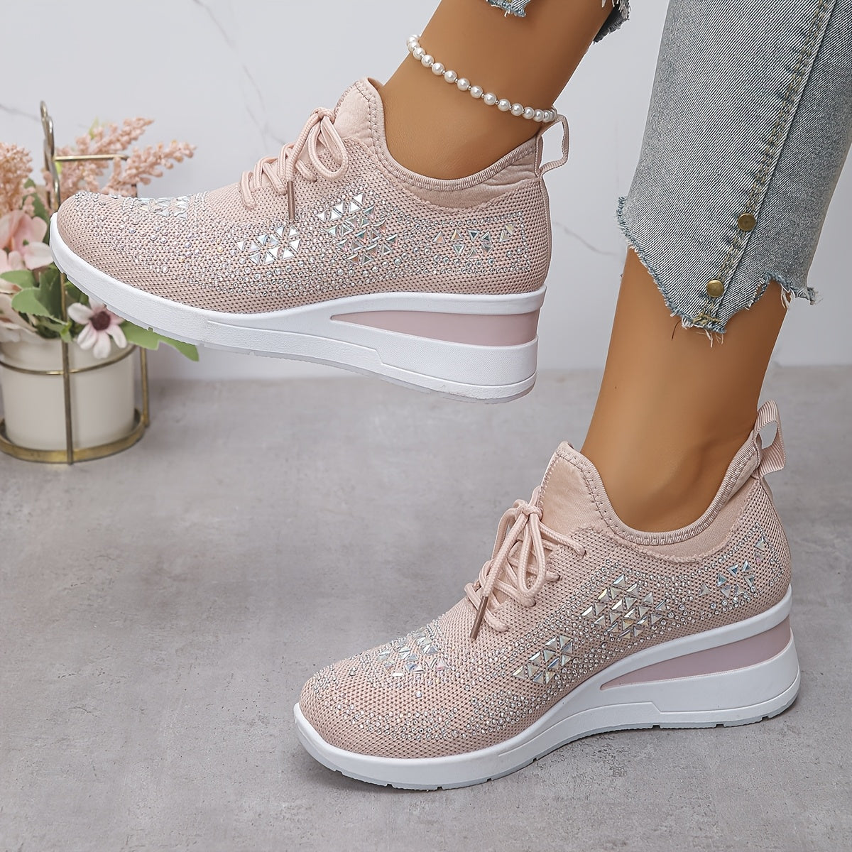 Women's Casual Breathable Sneakers Adorned with Crystals - Fashionable