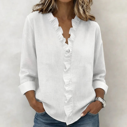Florène - Ruffled V-Neck Blouse with Long Sleeves