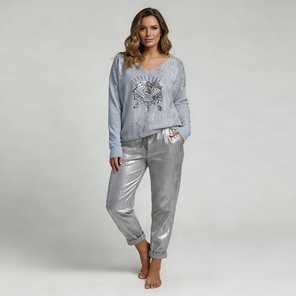 Stylish Set of Top with Gold Foil "Devil's Eye" and Sequin Trousers - Sleek Stylish Trousers