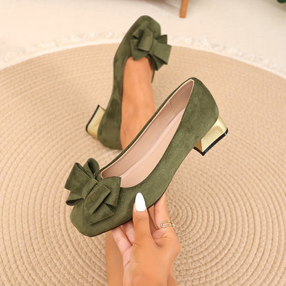 Bow Elegant Chunky Heel Square-Toe High Heels, Women Shoes