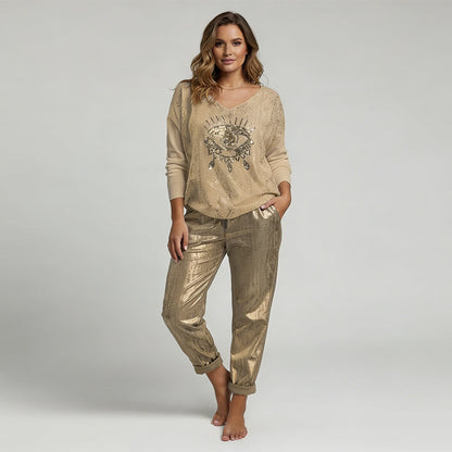 Stylish Set of Top with Gold Foil "Devil's Eye" and Sequin Trousers - Sleek Stylish Trousers