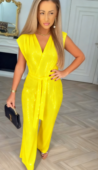 One-color Jumpsuit with Sequins and Tie - Elegant