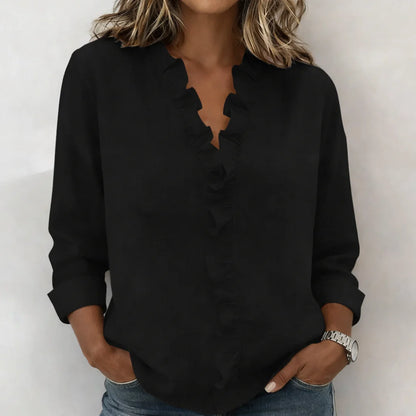 Florène - Ruffled V-Neck Blouse with Long Sleeves