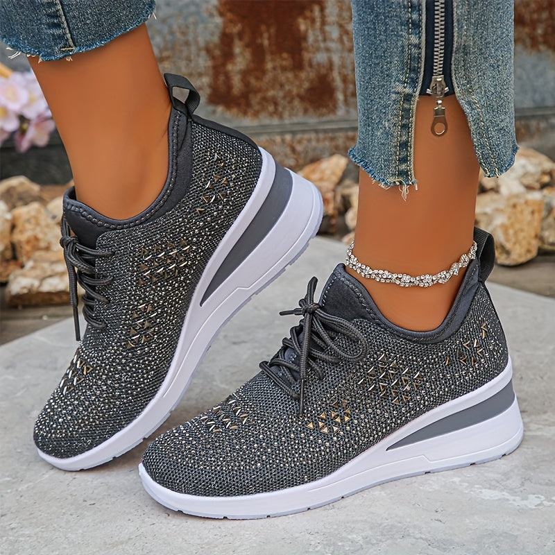 Women's Casual Breathable Sneakers Adorned with Crystals - Fashionable