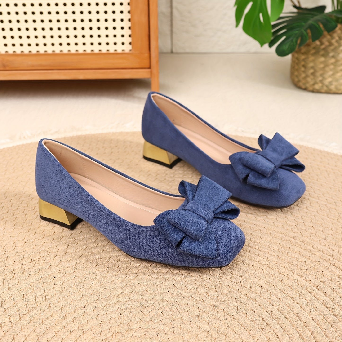 Bow Elegant Chunky Heel Square-Toe High Heels, Women Shoes