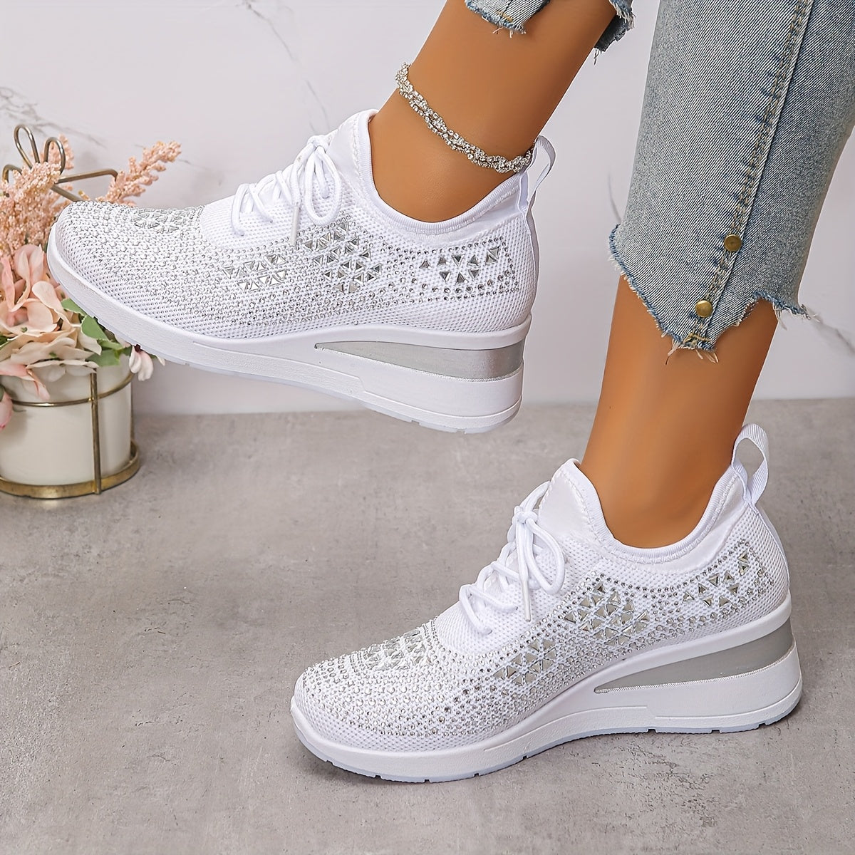 Women's Casual Breathable Sneakers Adorned with Crystals - Fashionable