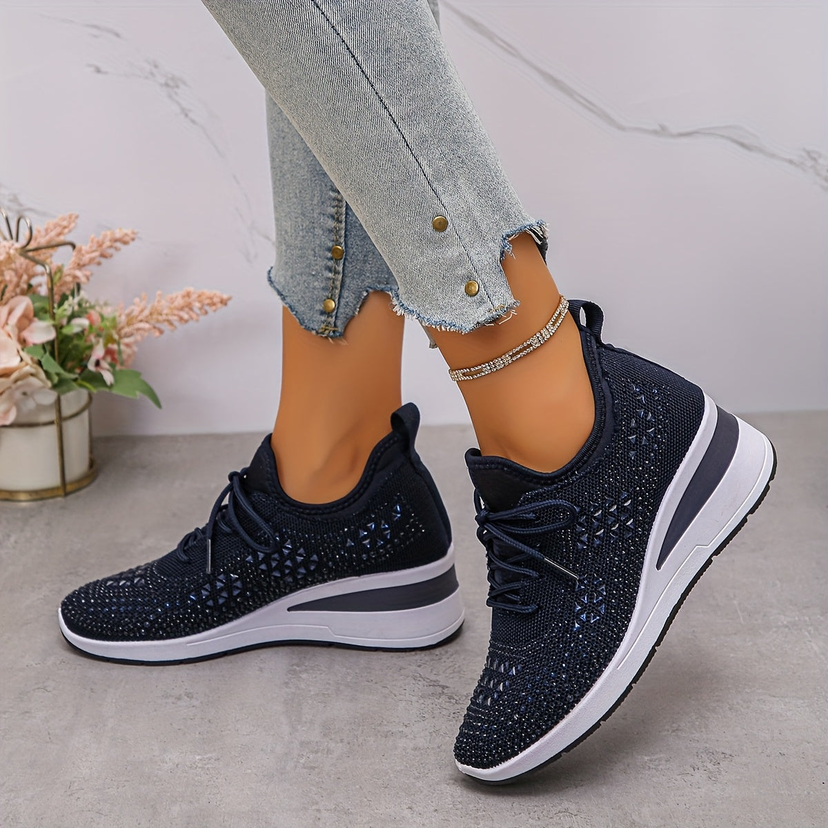 Women's Casual Breathable Sneakers Adorned with Crystals - Fashionable