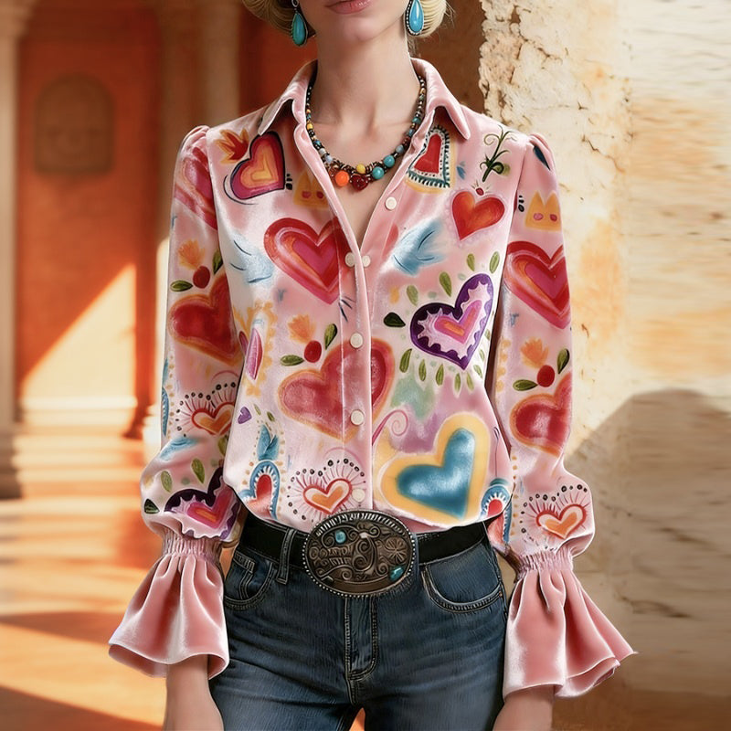 ZARELIA Heart Print Stylish - Long Sleeve Blouse