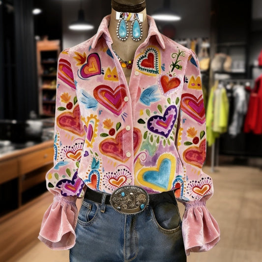 ZARELIA Heart Print Stylish - Long Sleeve Blouse