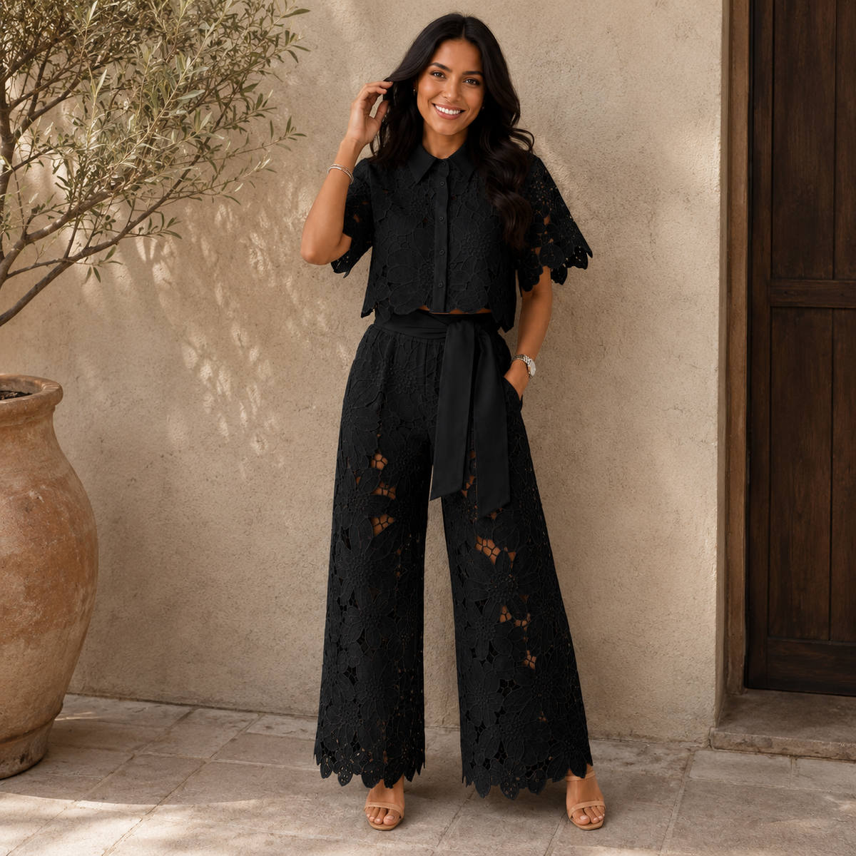 Isabela — Lace-Embroidered Blouse & Pants Set