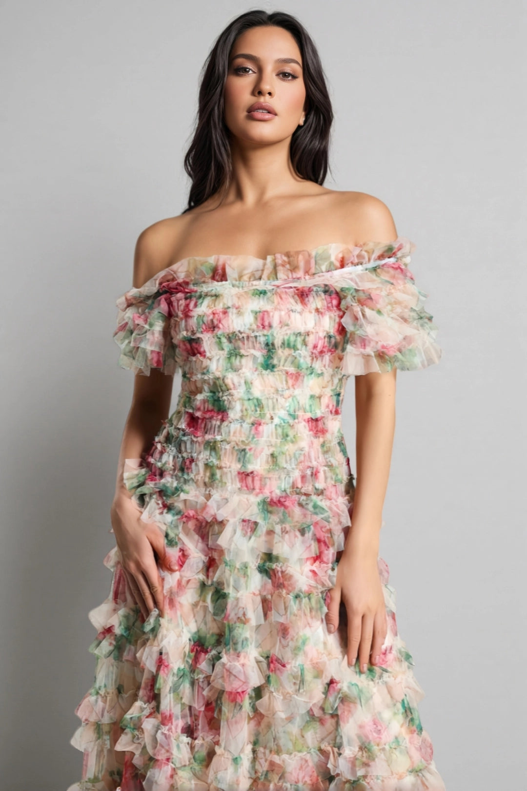 Sina Floral Strapless Mesh Maxi Dress