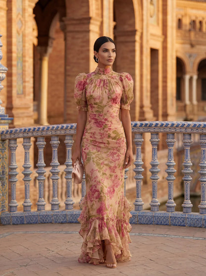 Rosario — Floral Chiffon Maxi Dress with Puff Sleeves