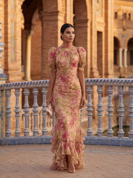 Rosario — Floral Chiffon Maxi Dress with Puff Sleeves