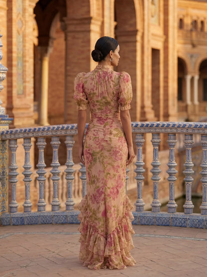 Rosario — Floral Chiffon Maxi Dress with Puff Sleeves