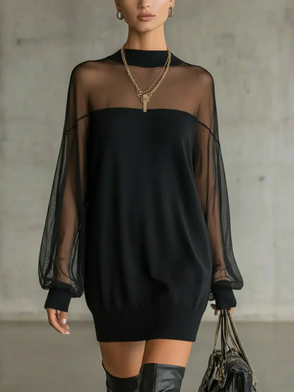 Clarève - Solid Patchwork Dress with Lantern Sleeves