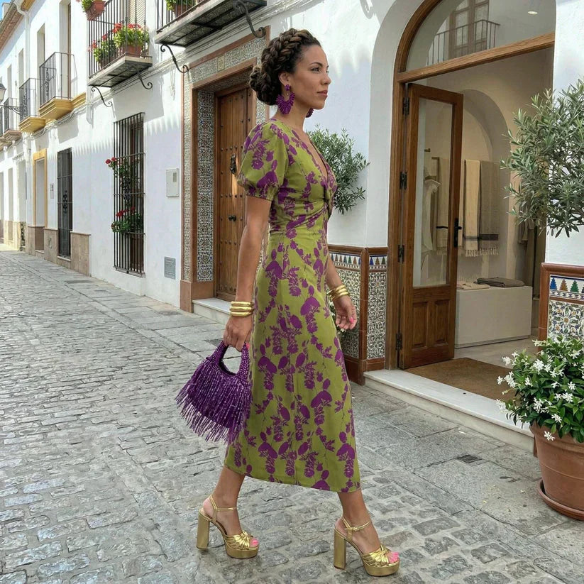 Vera — Elegant V-Neck Puff Sleeve Dress