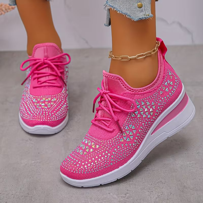 Women's Casual Breathable Sneakers Adorned with Crystals - Fashionable