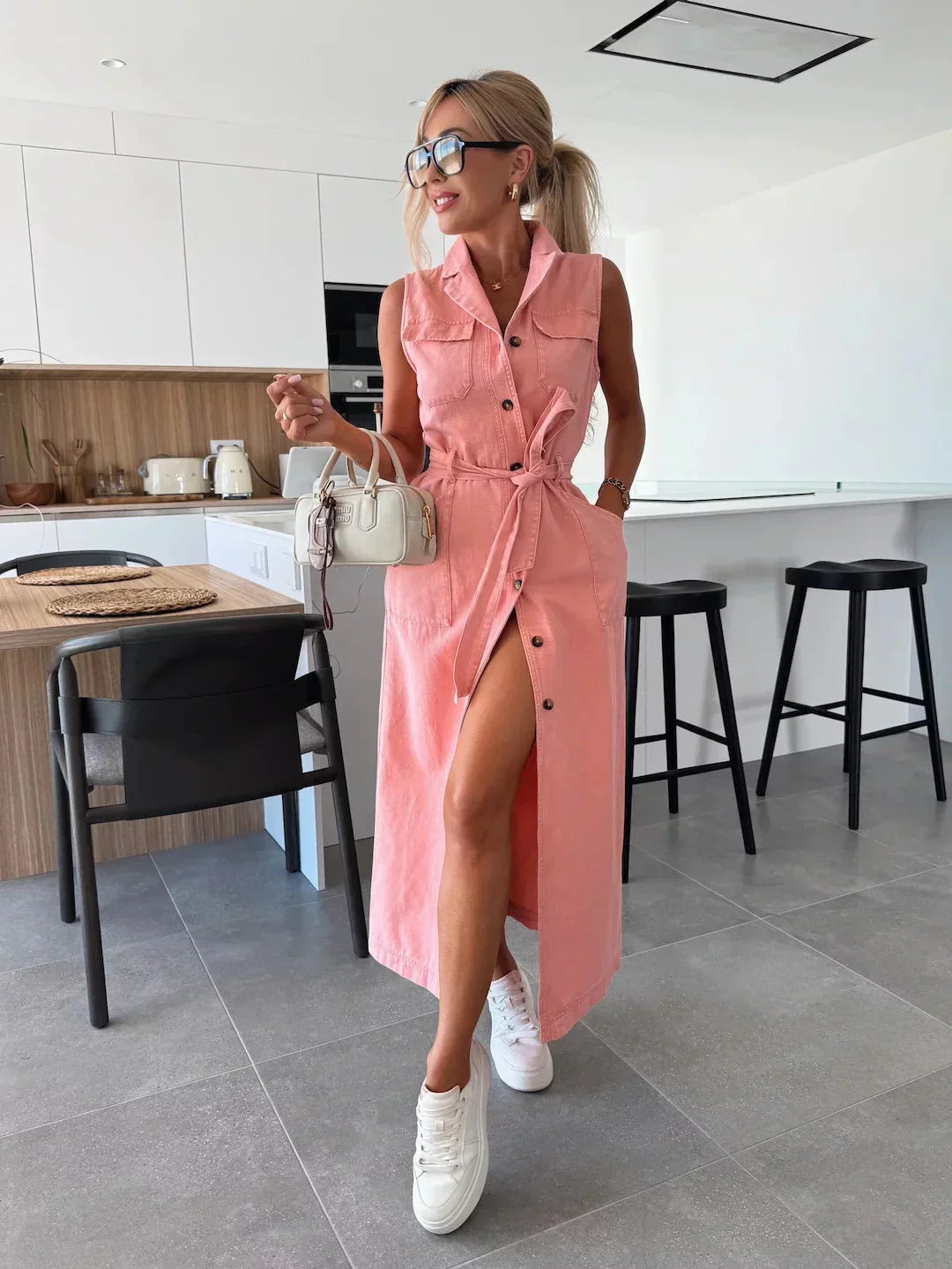 Isabelle — Belted Maxi Denim Dress