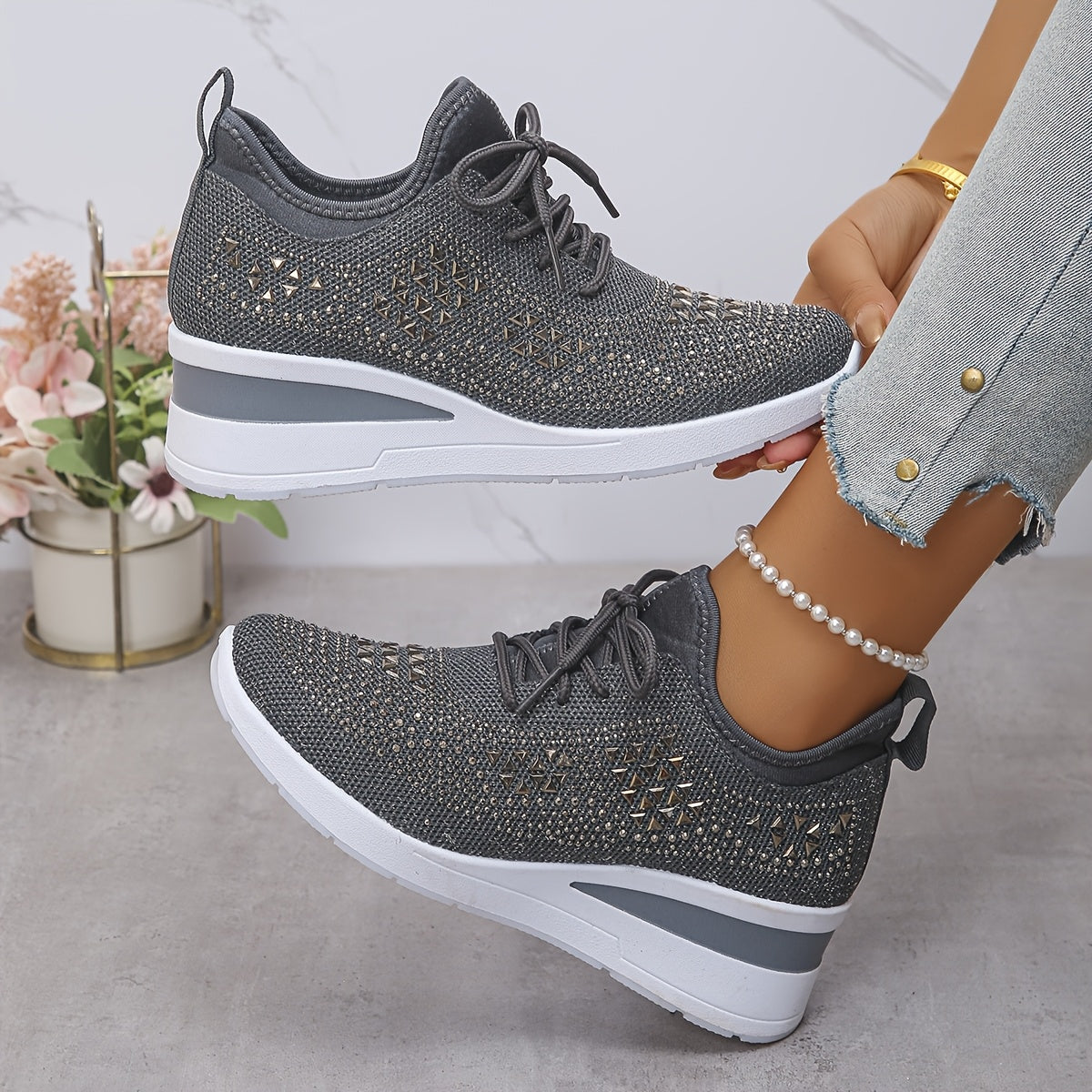 Women's Casual Breathable Sneakers Adorned with Crystals - Fashionable
