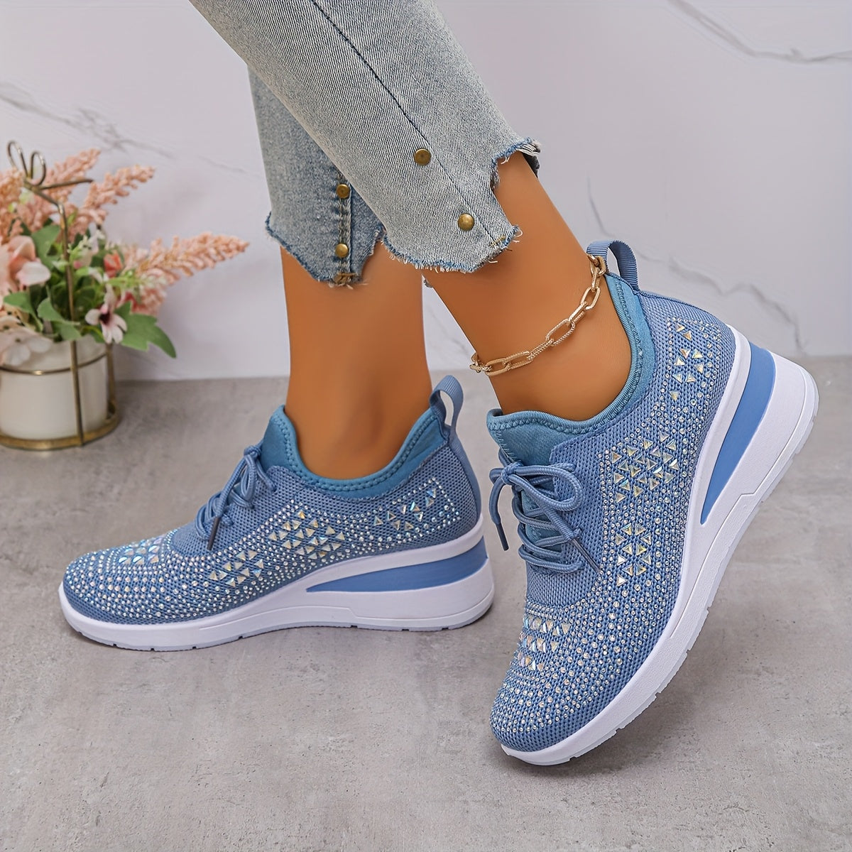 Women's Casual Breathable Sneakers Adorned with Crystals - Fashionable