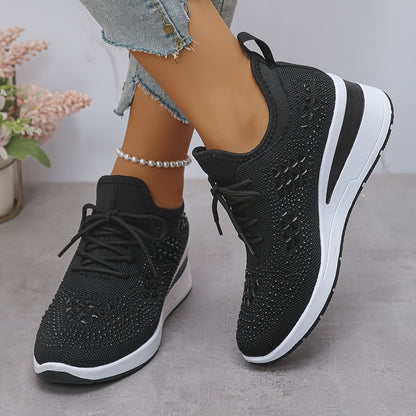 Women's Casual Breathable Sneakers Adorned with Crystals - Fashionable