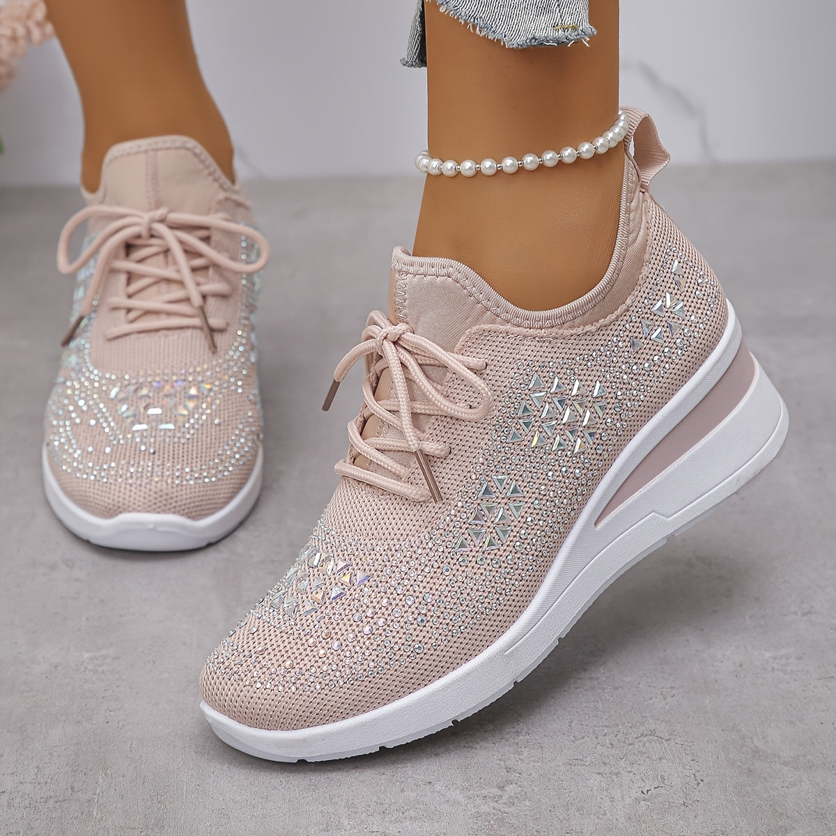 Women's Casual Breathable Sneakers Adorned with Crystals - Fashionable